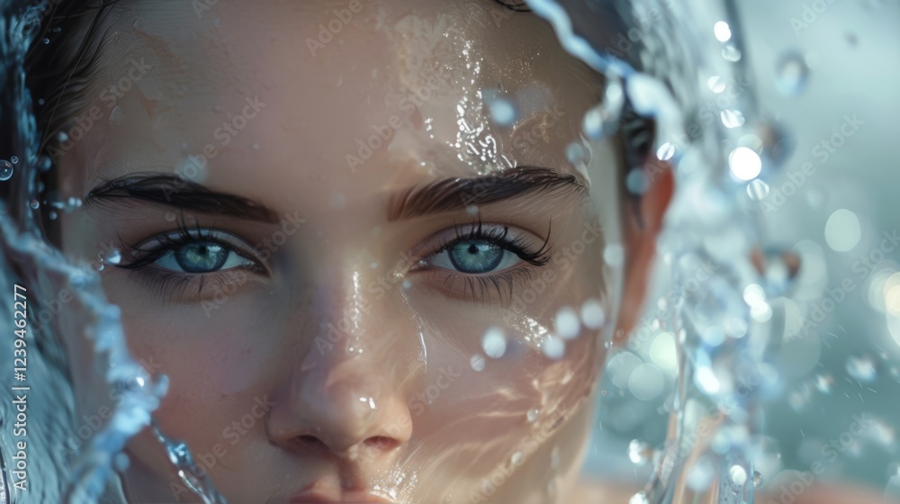 Intense close-up of a woman face with piercing blue eyes, wet skin, and splashing water droplets, creating a fresh, radiant, and rejuvenating effect Intense close-up of a woman face with piercing blue eyes, wet skin, and splashing water droplets, creating a fresh, radiant, and rejuvenating effect