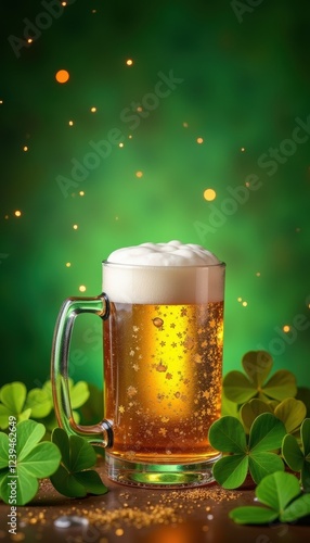Celebrate St. Patrick's Day with a refreshing beer, adorned with lucky clovers. Perfect for festive promotions and themed events!