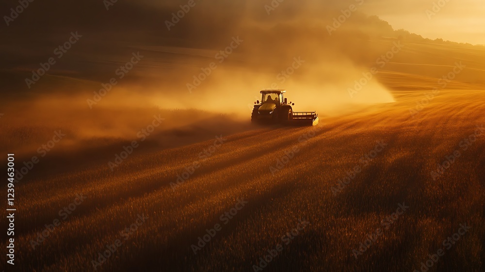 Fototapeta premium Tractor harvesting golden wheat field at sunset, dust trails visible.