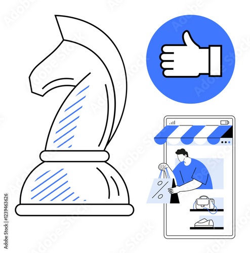 Chess knight with shaded lines, thumb up icon, person holding shopping bags on mobile device screen. Ideal for strategy, approval, online shopping, e-commerce, digital marketing, decision-making