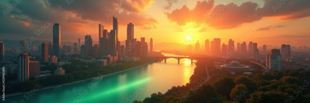 Fototapeta premium Captivating panoramic view of a city at sunset, perfect for St. Patrick's Day celebrations and promotions. Celebrate with green-themed designs and festive vibes.