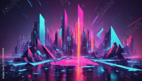 Neon skyscrapers in shades of blue and pink form a futuristic cityscape
