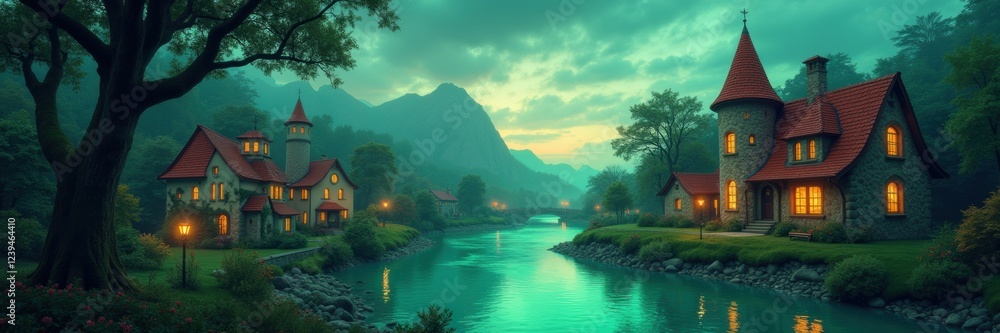 Fototapeta premium Embrace the magic of St. Patrick's Day with this enchanting landscape, featuring whimsical cottages and a serene river, perfect for festive designs and promotions.