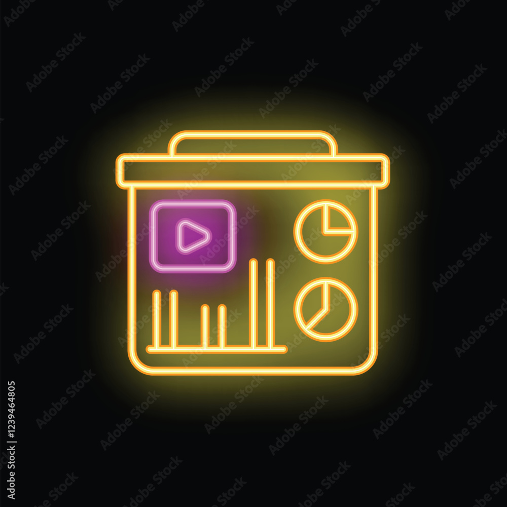 Neon sign showing a content marketing strategy with a video player, charts, and bars Neon sign showing a content marketing strategy with a video player, charts, and bars
