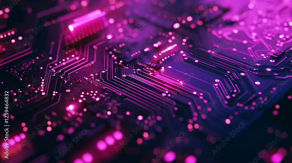 Fototapeta premium Close-up of a neon circuit board with intricate details on a dark surface. 