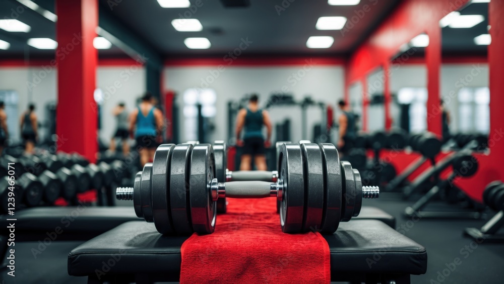 Fototapeta premium pair of dumbbells resting on a black bench in a gym. The bench is covered with a red towel. In the background, there are other gym equipment and people working out. 