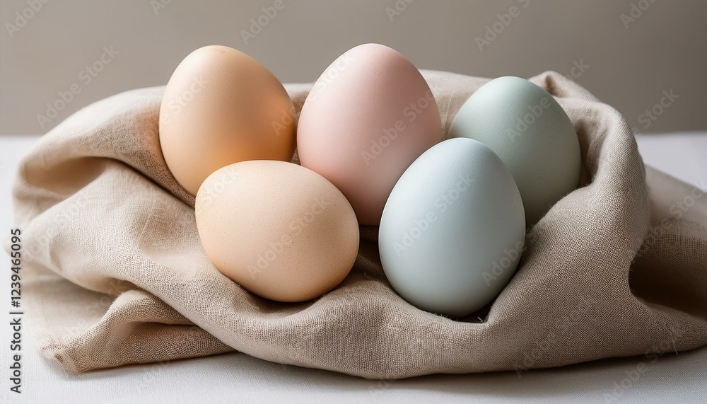 four pastel colored easter eggs rest in a linen cloth on a neutral background concept of minimalist easter four pastel colored easter eggs rest in a linen cloth on a neutral background concept of minimalist easter