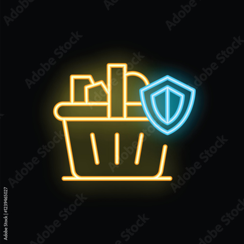 Neon shopping basket with a protective shield is glowing, representing the concept of safe and secure online shopping