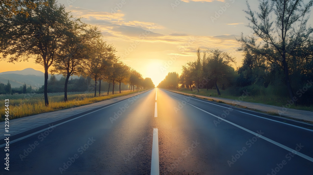 View of a long straight deserted asphalt road with the evening sun sky background wallpaper AI generated image View of a long straight deserted asphalt road with the evening sun sky background wallpaper AI generated image