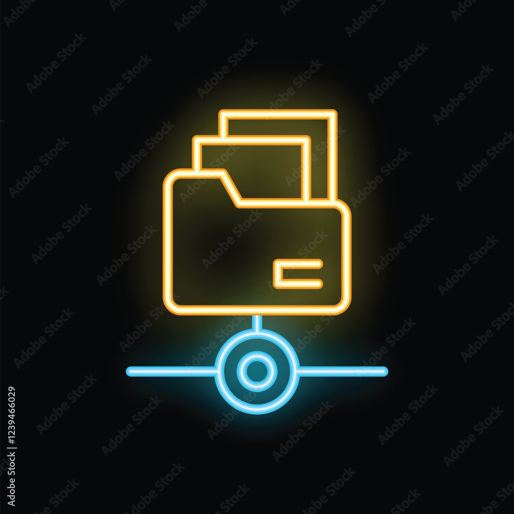 Bright neon folder icon connecting to a network, sharing files