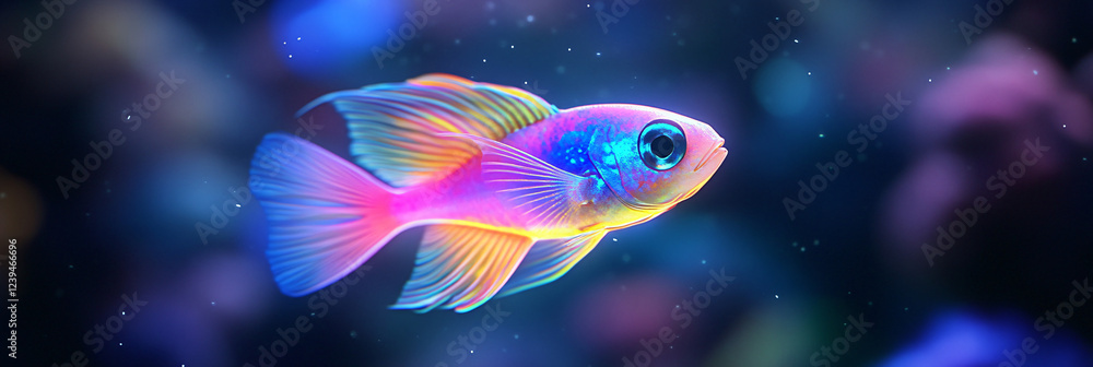 Close-up of a neon fish swimming in a dark ocean environment. Close-up of a neon fish swimming in a dark ocean environment.