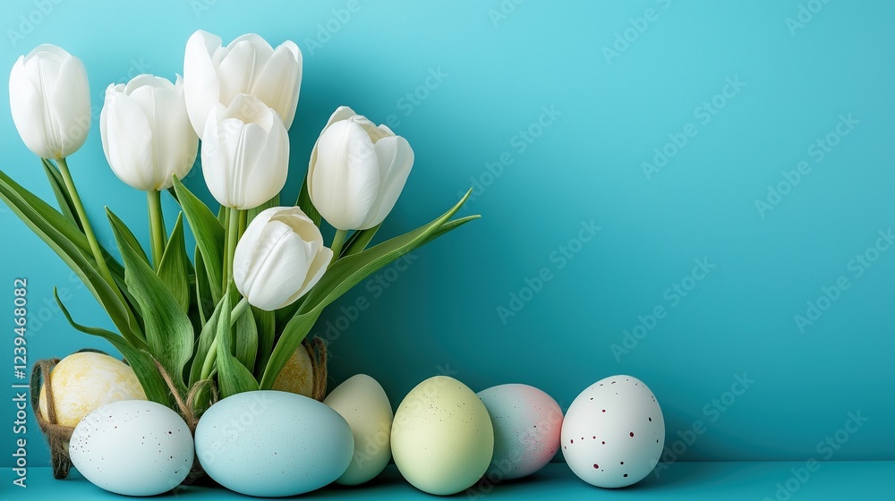 White tulips and pastel Easter eggs against a blue background White tulips and pastel Easter eggs against a blue background