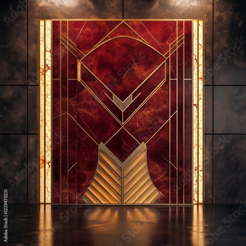 Luxurious Art Deco Panel in Red Marble and Gold - Made with Generative AI photo