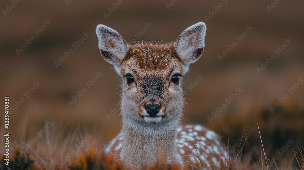 Fawn gazing, Highland meadow, autumn. Wildlife nature scene, conservation Fawn gazing, Highland meadow, autumn. Wildlife nature scene, conservation