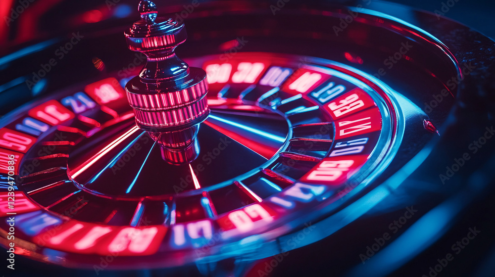 Close-up of a neon roulette wheel spinning against a dark velvet surface. Close-up of a neon roulette wheel spinning against a dark velvet surface.