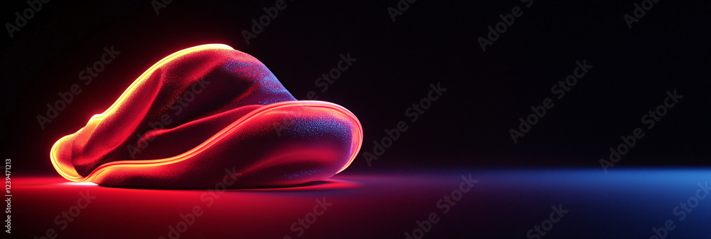 Naklejka premium Close-up of a neon Santa hat radiating warmth against a pitch-black background. 