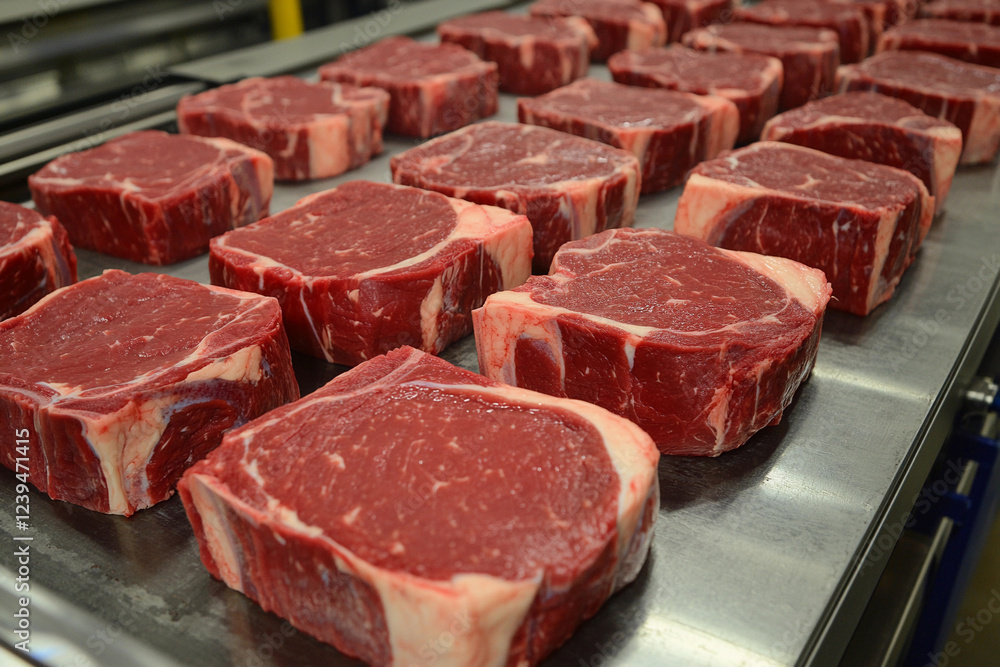 Fototapeta premium Fresh cuts of ribeye steaks display in a butchery