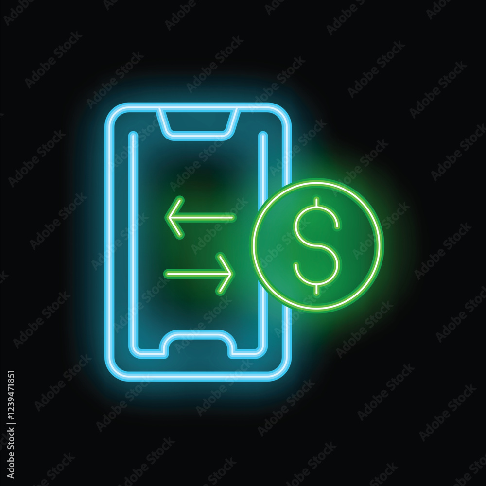 Neon sign representing mobile payment with smartphone and dollar coin glowing on black background Neon sign representing mobile payment with smartphone and dollar coin glowing on black background