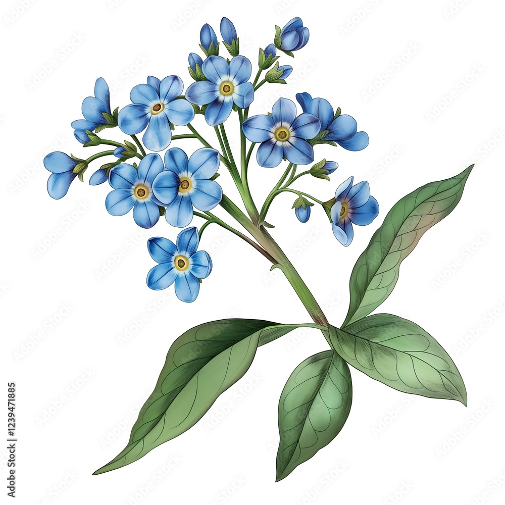 Obraz premium Beautiful blue forget-me-not flowers with green leaves in detailed illustration showcasing nature's delicate beauty
