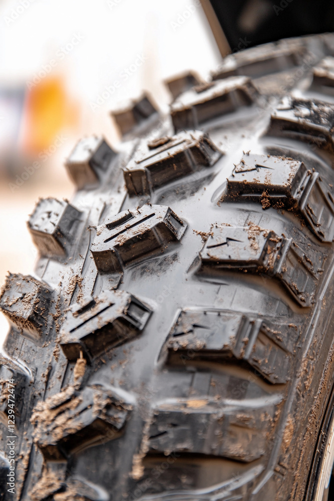 Close-up view of an off-road tire to showcase rugged tread design Close-up view of an off-road tire to showcase rugged tread design