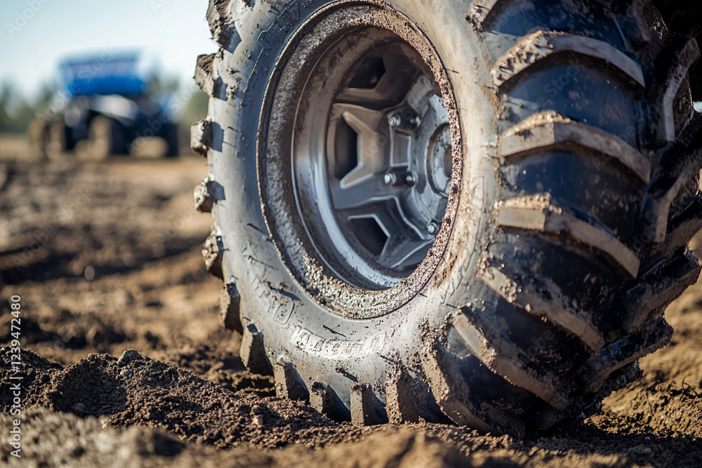 Close-up of a rugged tire on an off-road terrain Close-up of a rugged tire on an off-road terrain