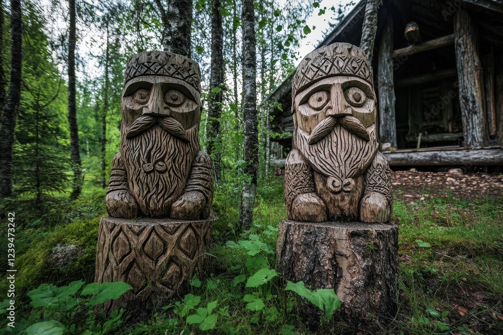 Northern region A pagan shrine in the forest featuring two wooden figures with deities etched into timber Northern region A pagan shrine in the forest featuring two wooden figures with deities etched into timber