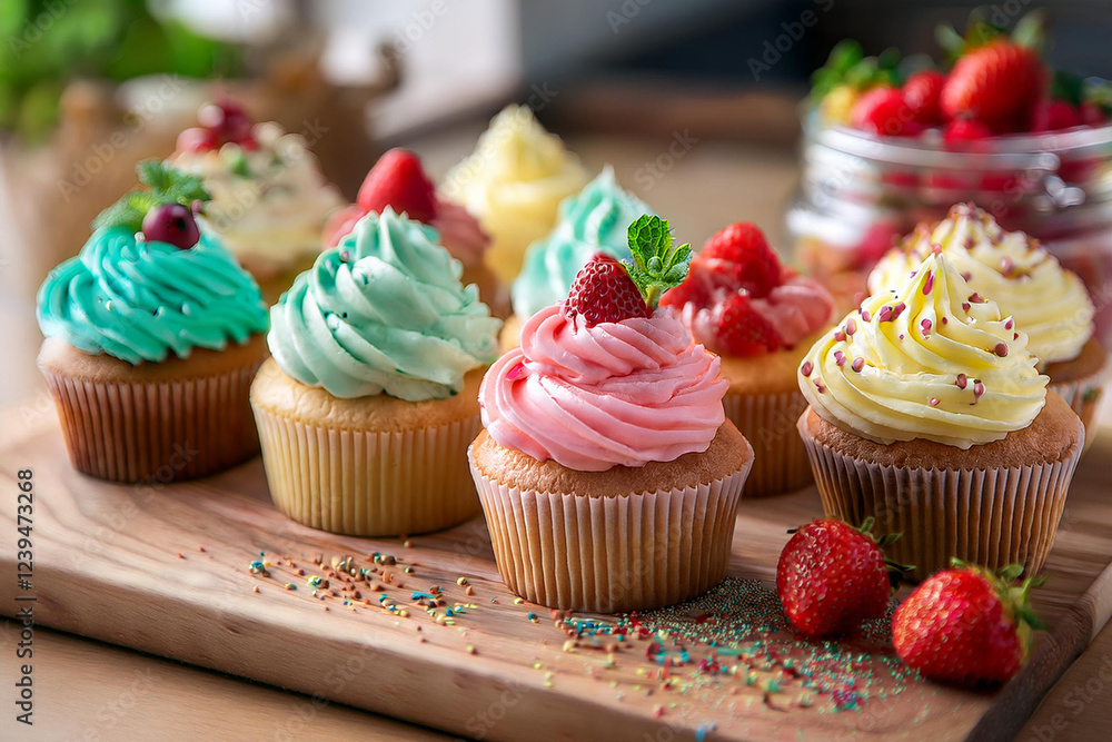 Cupcakes with various colorful frosting and fresh strawberries are beautifully arranged on a wooden platter, adding a sweet touch to the kitchen. image Cupcakes with various colorful frosting and fresh strawberries are beautifully arranged on a wooden platter, adding a sweet touch to the kitchen. image