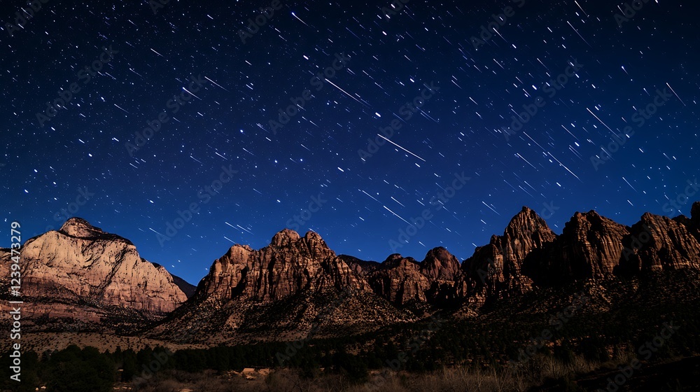 Obraz premium Star trails over majestic mountain range at night.