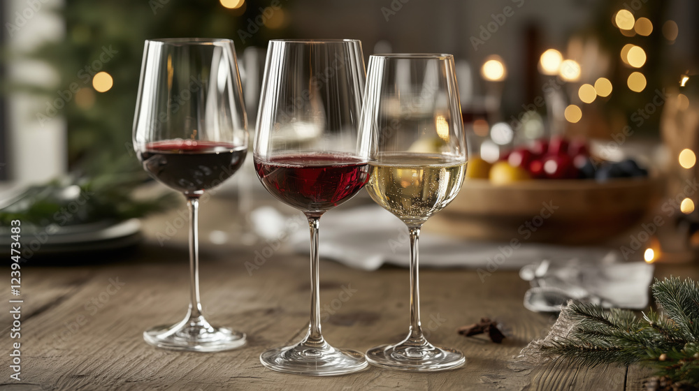 Glasses of Red and White Wine Raised in a Cheers Gesture, Set Against a Rustic Dinner Table Ready for a Festive Feast, Creating a Warm and Inviting Celebration Glasses of Red and White Wine Raised in a Cheers Gesture, Set Against a Rustic Dinner Table Ready for a Festive Feast, Creating a Warm and Inviting Celebration