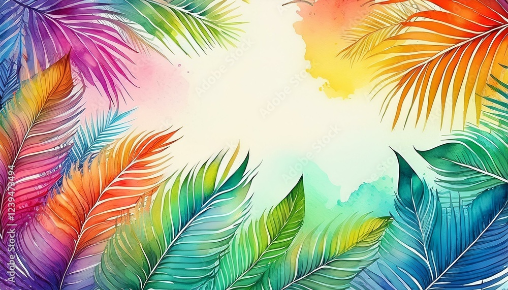 Obraz premium colorful watercolor palm leaf background with free space for text