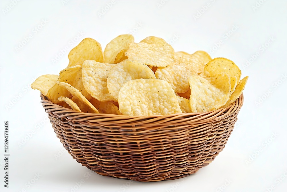Crispy potato chips in a wicker basket on white background Crispy potato chips in a wicker basket on white background