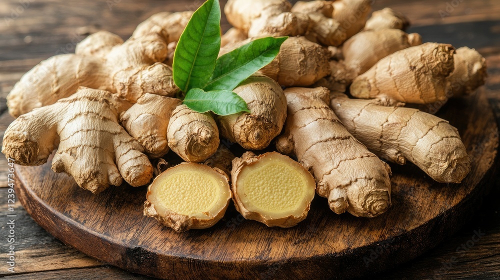 Fresh Ginger Roots and Green Leaves on Wooden Board Fresh Ginger Roots and Green Leaves on Wooden Board