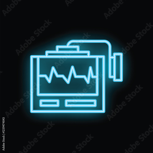 Glowing blue neon sign of a medical device showing a heartbeat on a black background