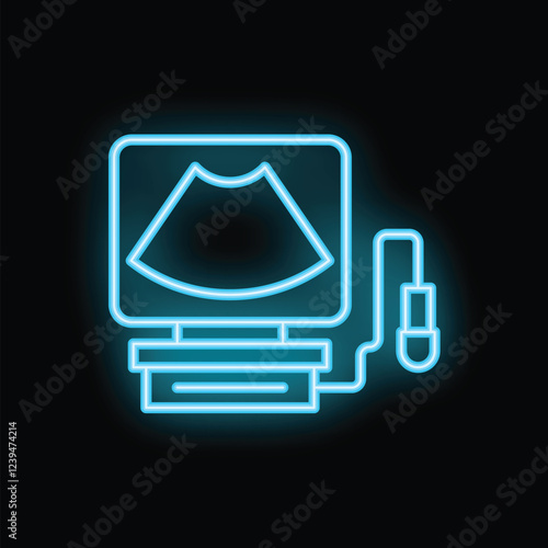 Blue neon icon of an ultrasound machine showing a baby scan on its screen, representing pregnancy and healthcare