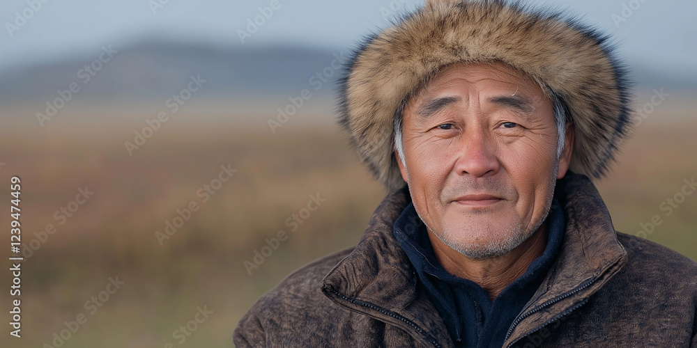 A man wearing a fur hat and a brown coat stands in a field A man wearing a fur hat and a brown coat stands in a field