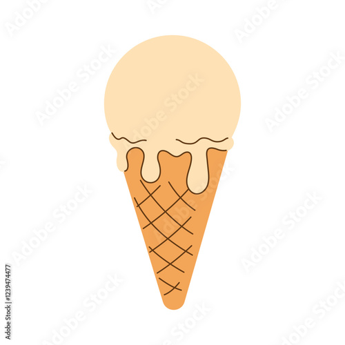 Hand drawn image of melted vanilla classic creamy soft serve ice cream scoop in waffle cone isolated on transparent background. Summer creme brulee flavor. Minimalistic flat vector illustration EPS10