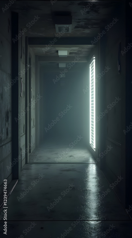 Futuristic 3D rendering of an empty dark corridor with a glowing side window and concrete elements. Futuristic 3D rendering of an empty dark corridor with a glowing side window and concrete elements.