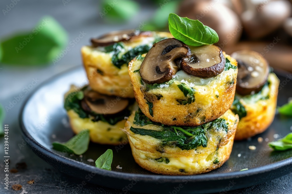 Nutritious egg muffins with mushrooms spinach and cheese for breakfast suitable for vegetarians Nutritious egg muffins with mushrooms spinach and cheese for breakfast suitable for vegetarians
