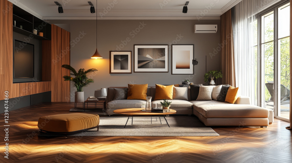 Modern Living Room with Parquet Flooring and Stylish Furniture Modern Living Room with Parquet Flooring and Stylish Furniture