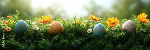 Vibrant Easter Eggs in Spring Garden with Yellow and White Flowers