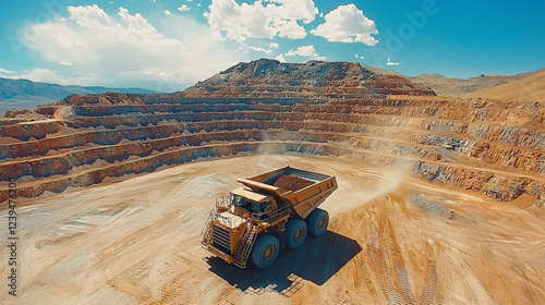 Excavator Loading Dump Truck in Open Mine A powerful hydraulic excavator fills a massive haul truck with freshly dug material in an expansive open-pit mine
