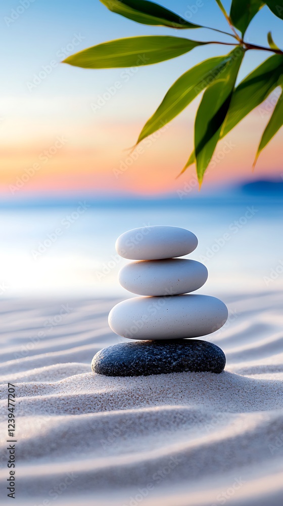 Balanced White Stones on Beach at Sunset Balanced White Stones on Beach at Sunset