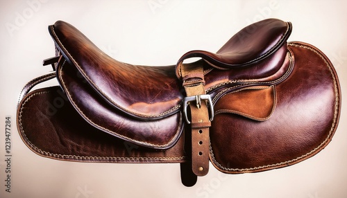 a brown leather saddle with a saddle strap