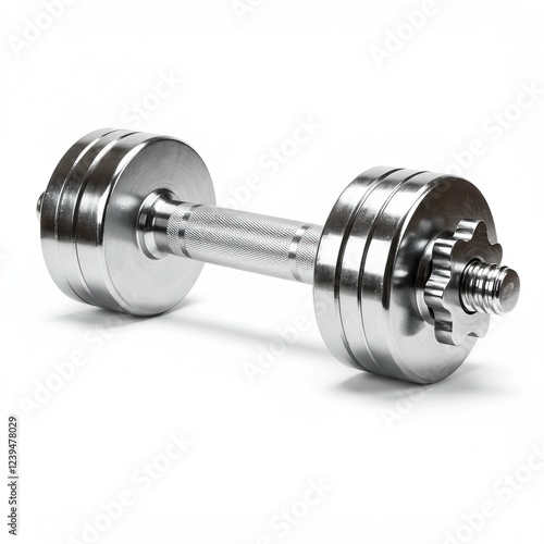 A silver dumbbell with a textured grip, perfect for strength training, set against a clean white background photo