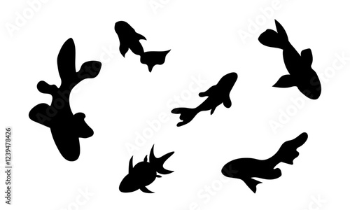 泳いでいる魚たちのシルエットイラスト　上から見た図