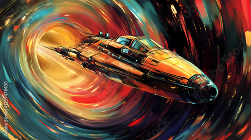 A spaceship traveling through a wormhole, with swirling colors and distorted space around it, symbolizing faster-than-light travel. Distortion and Abstraction. Illustration photo