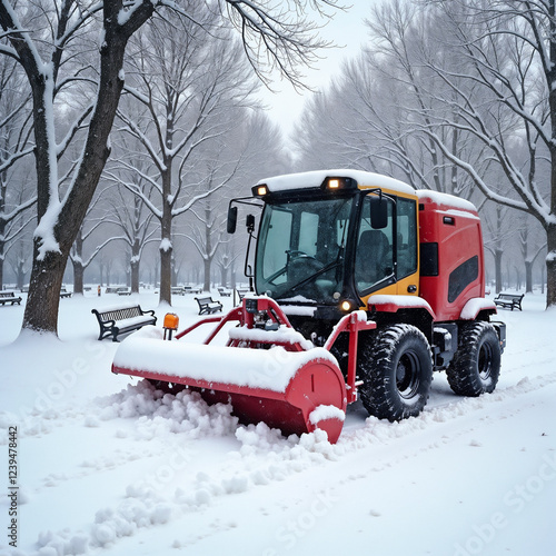 Red snowplow clearing snow in winter park photo