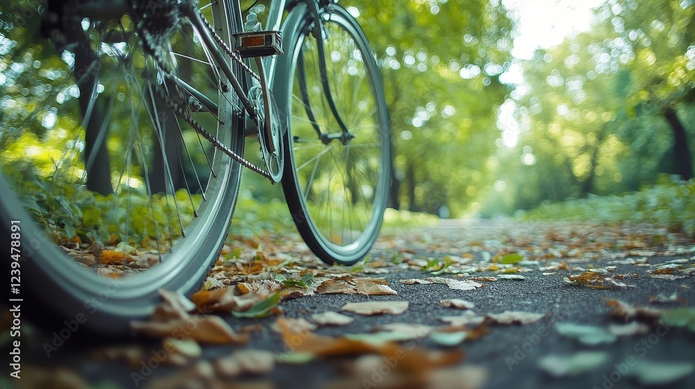 Fototapeta premium Bicycle in city park, close-up of bike wheels spinning on a path, lush greenery