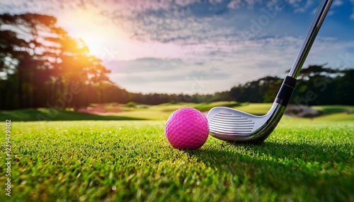 pink golf ball on a lush green course and a club ready to strike