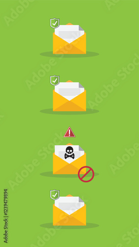 Email envelope with black document and skull icon. Virus, malware, email fraud, e-mail spam, phishing scam, hacker attack concept. Vector illustration	